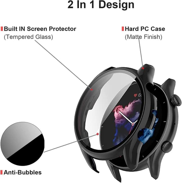 Amazfit GTR 3/GTR 3 Pro用 ケース（2個セット） - 強化ガラス保護カバー付き ブラック