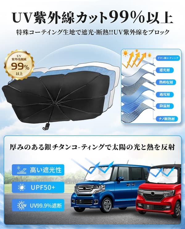 【2025年強化版 骨10本 折り畳み式 車用サンシェード UVカット 軽自動車用 収納ポーチ付き】
