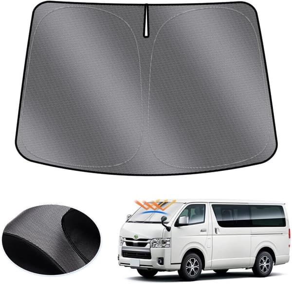 トヨタ ハイエース 200系 標準ボディ用 フロントガラス サンシェード UVカット 遮光 断熱 ドット柄 車中泊用収納袋付き