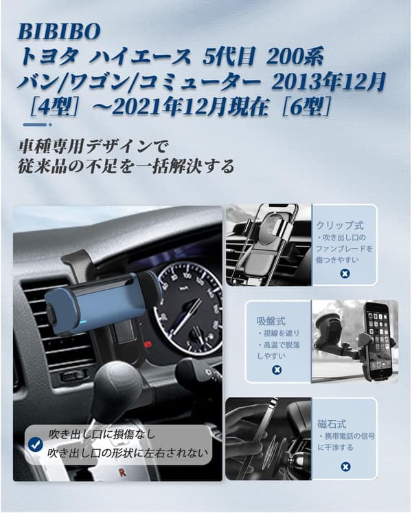 ハイエース 200系専用 電動スマホスタンド 車載ホルダー 360度回転 自動開閉