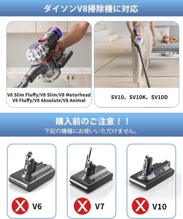 ダイソン V8 互換バッテリー 21.6V 5000mAh フィルター付き【SV10前後期モデル対応】