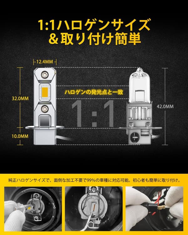 イエローH3 LEDフォグランプ 3000K 小型角度調整可能 高輝度ファンレス 2本セット