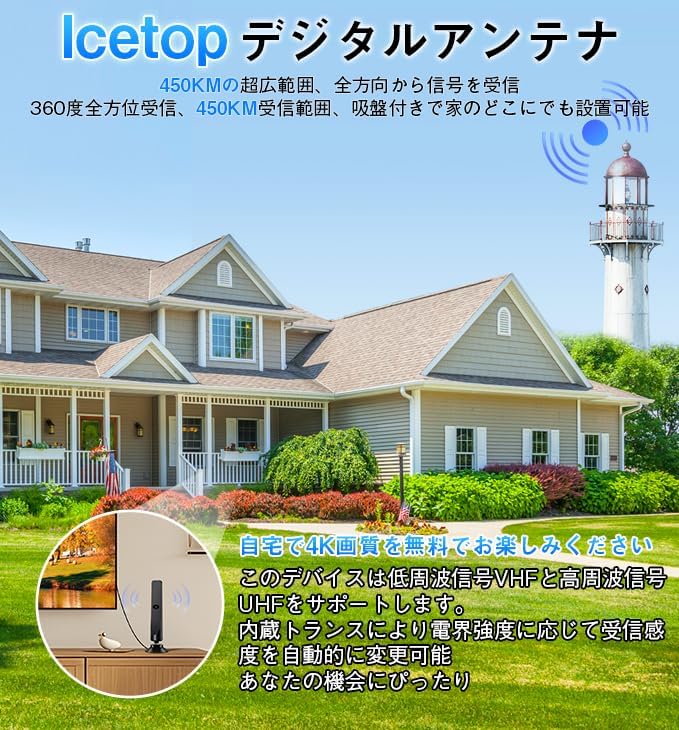 地デジ対応室内アンテナ 450KM受信範囲 USB式 360度全方位受信 ハイビジョン 4K/1080P ブラック