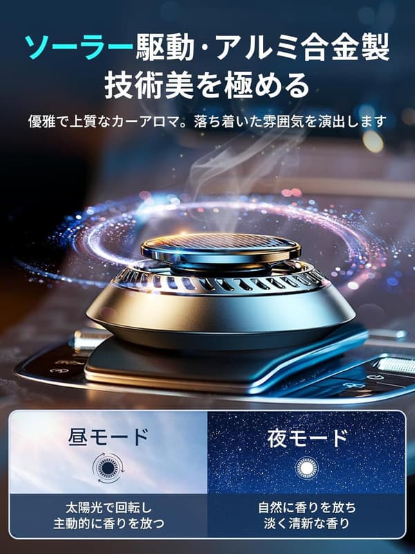 2025年新型 アルミ合金製 車用芳香剤 ソーラー回転式 フランス産天然香料付き