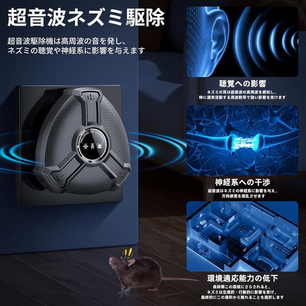 ネズミ駆除器 360°全方位カバー 超音波タイプ 230畳対応 省エネ・静音・無害 (2個セット)