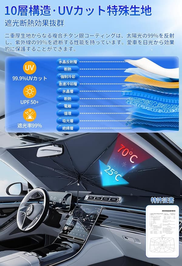 車用サンシェード 傘型 折り畳み UVカット 断熱 軽自動車用 収納ポーチ付き（L，138*78cm）
