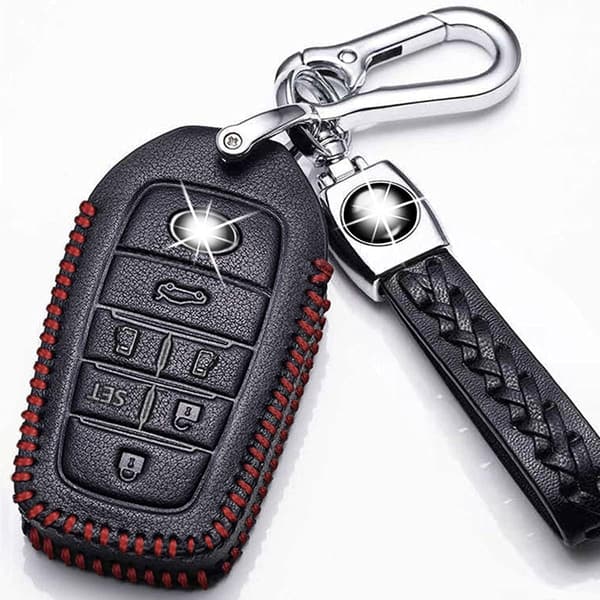 トヨタ アルファード・ヴェルファイア30系専用 レザー製スマートキーケース(黒×赤い糸) 防塵・耐衝撃タイプ