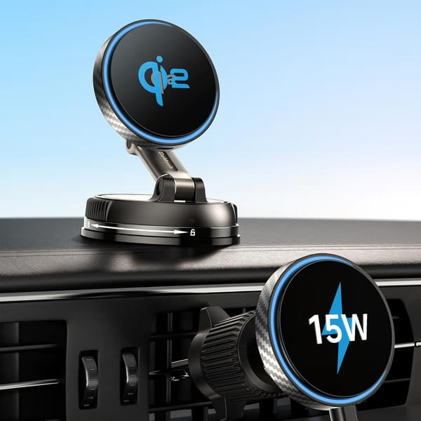 マグセーフ対応 15W 車載ワイヤレス充電器 吸盤・エアベントフック付き 360°回転 高級合金製 iPhone 12/13/14/15/16 & Galaxy S25シリーズ対応