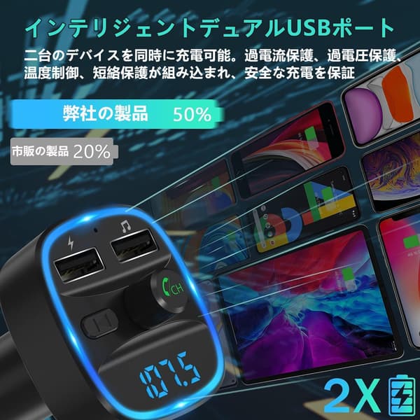 Bluetooth対応 FMトランスミッター 車載充電器 USB急速充電 LEDディスプレイ 2ポート 12V-24V対応