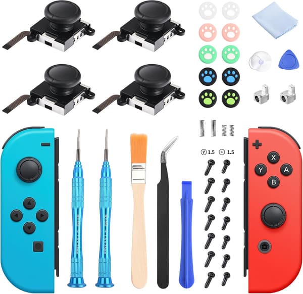 初心者向けジョイコン修理キット【スイッチ・有機ELモデル対応】【交換用スティック4個・作業動画付き】