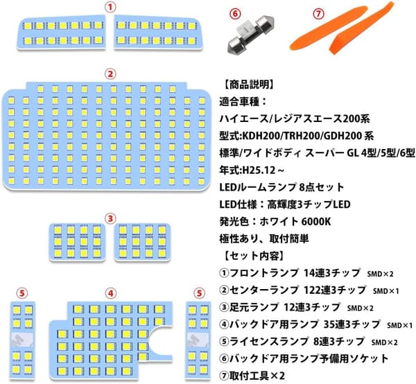 トヨタ ハイエース200系専用 LEDルームランプ 8点セット ホワイト 爆光 内装パーツ