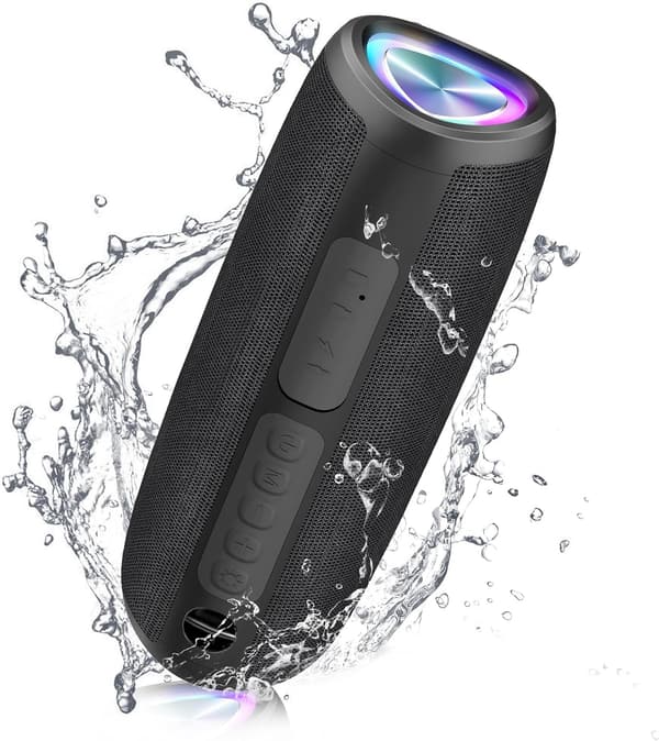 ポータブルBluetooth スピーカー【防水IPX7】24時間連続再生・Bluetooth 5.3・小型・強化低音・LEDライト付き・マイク内蔵・ブラック