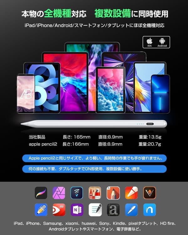 全機種対応 KINGONEタッチペン 超高精度1MM スタイラスペン (ホワイト)