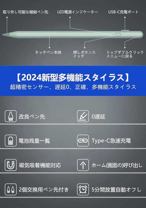 iPad 第11世代対応 タッチペン 磁気吸着 機能付き 超高感度 スタイラスペン USB-C充電式 軽量 2025年モデル