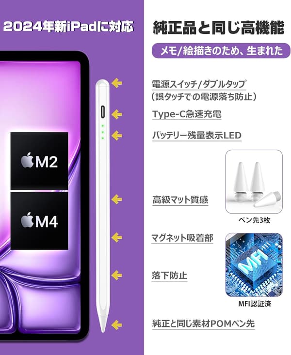 2025モデル対応 タッチペン スタイラスペン 第2世代用 超高感度 磁気吸着機能 ホワイト