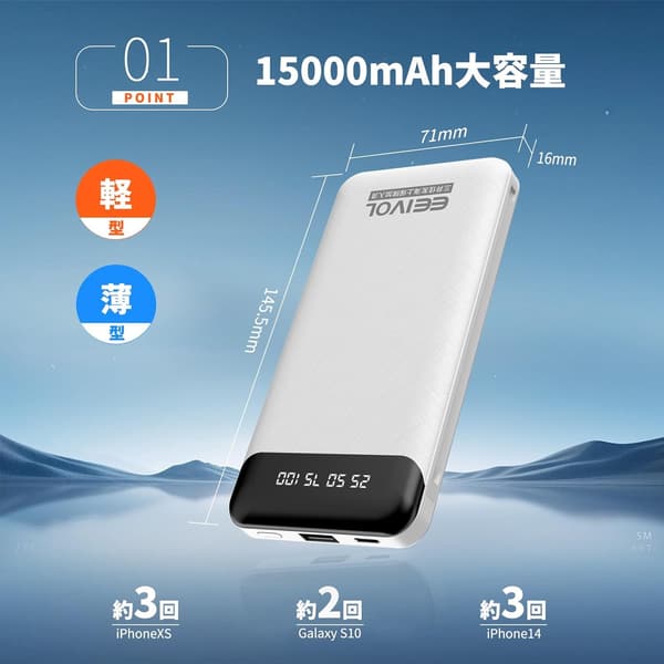 モバイルバッテリー 15000mAh 小型・軽量・2本ケーブル内蔵 4台同時充電 iOS/Android対応 PSE認証済