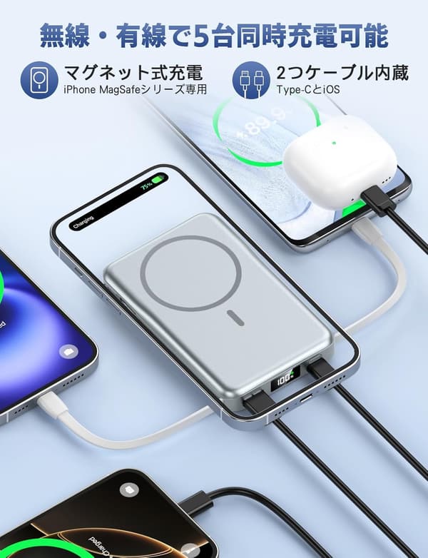 MagSafe対応大容量10000mAhモバイルバッテリー - 5台同時急速充電、軽量コンパクト、iPhone12/13/14/15/16シリーズ対応、PSE認証