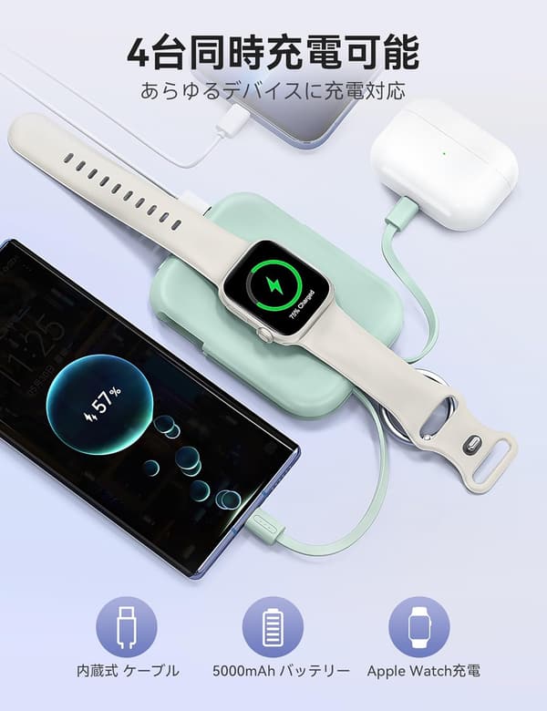 Apple Watch対応 5000mAh モバイルバッテリー 充電器 【軽量・コンパクト・PSE認証済】 グリーン
