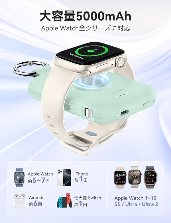 Apple Watch対応 5000mAh モバイルバッテリー 充電器 【軽量・コンパクト・PSE認証済】 グリーン