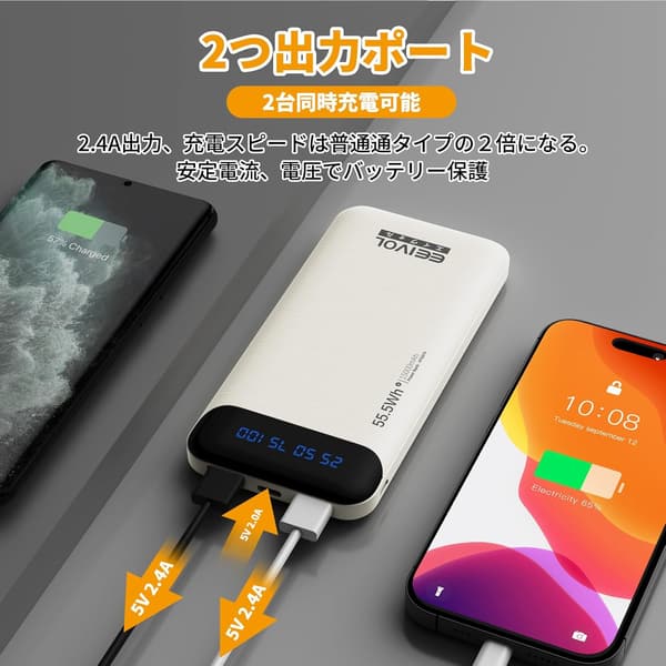 大容量モバイルバッテリー15000mAh 同時充電対応 軽量コンパクト LCD残量表示 iOS/Android全機種対応 PSE認証 USB Type Cケーブル付き