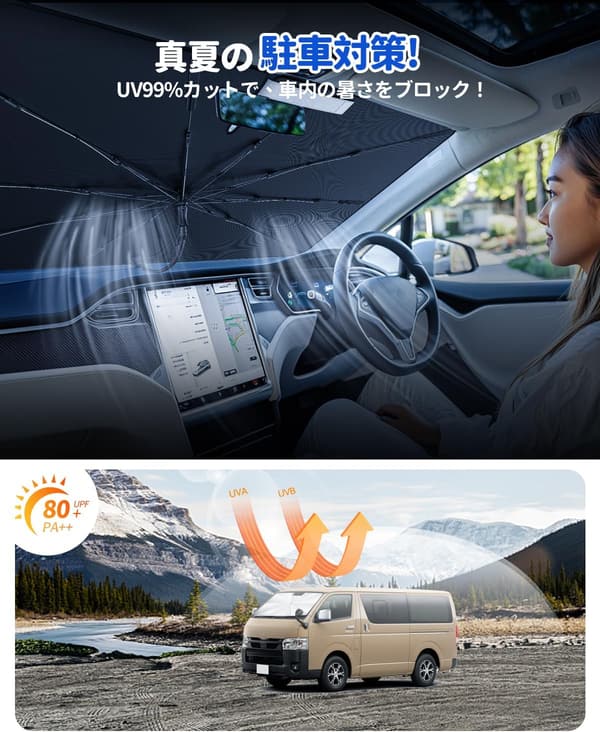 ハイエース200系専用 UVカット折りたたみサンシェード 車用日よけ 収納ポーチ付き