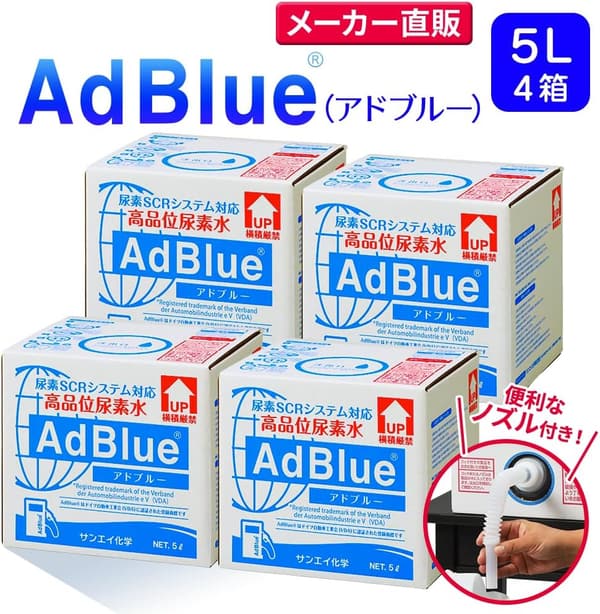 高品位尿素水 AdBlue 5L×4箱セット ノズル付き 日本製 디ーゼル車・重機用