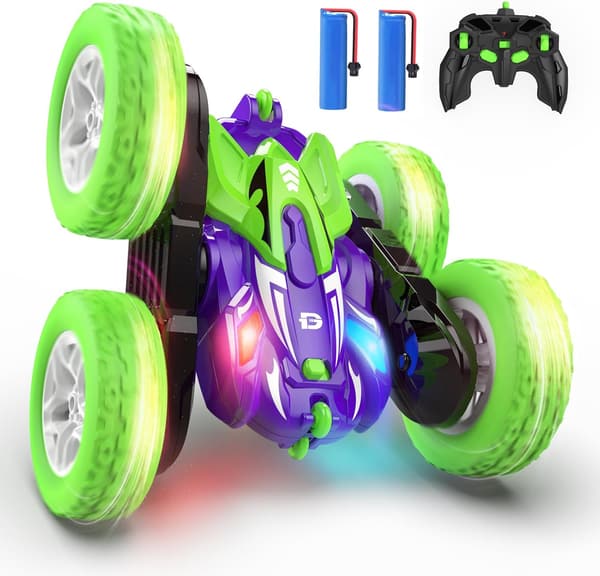 誕生日プレゼント DEERC ラジコンカー 四輪駆動 スタントカー 360度回転 2.4GHz 操作 子供向け オフロード 車おもちゃ バッテリー2個付き