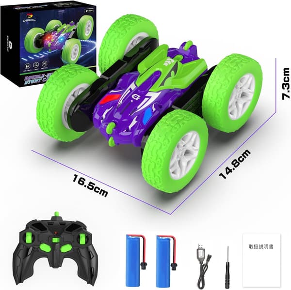 誕生日プレゼント DEERC ラジコンカー 四輪駆動 スタントカー 360度回転 2.4GHz 操作 子供向け オフロード 車おもちゃ バッテリー2個付き