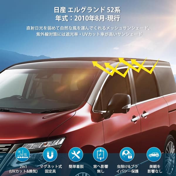 エルグランド E52専用 メッシュカーテン 2in1 サイド用 UVカット 日除け・虫避け 4枚セット