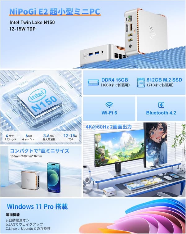 ミニPC Intel N150 16GB/512GB SSD Windows11 Pro 4K対応 高速放熱 WiFi6 静音 小型