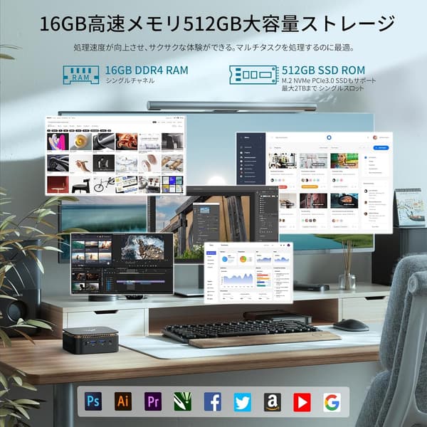 NiPoGi ミニPC N97 - 3.6GHz, 16GB DDR4, 512GB SSD, 最大2TB拡張可, Windows 11 Pro対応, HDMI/DP, 4K@60Hz, 小型静音設計